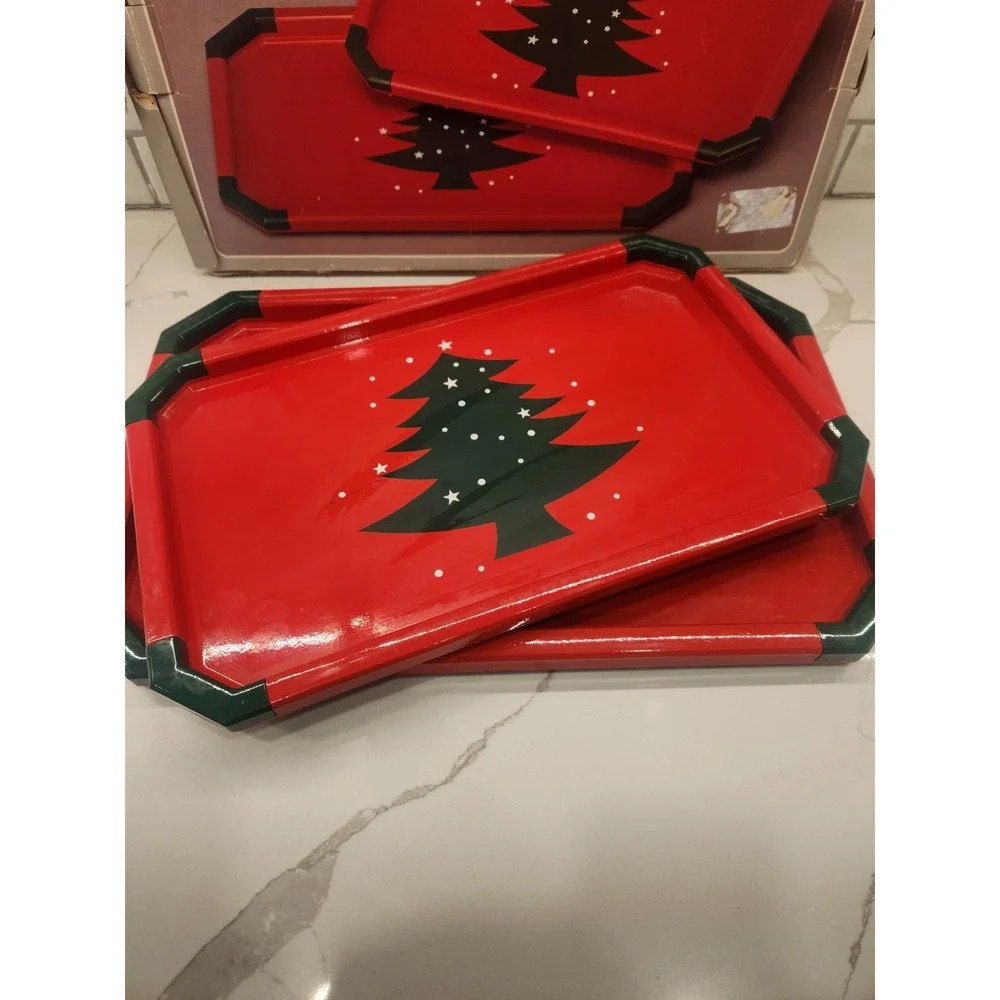 Vintage Lacquered Christmas Trays Set Of 2 Red w/Green Tree‎ With Original Box